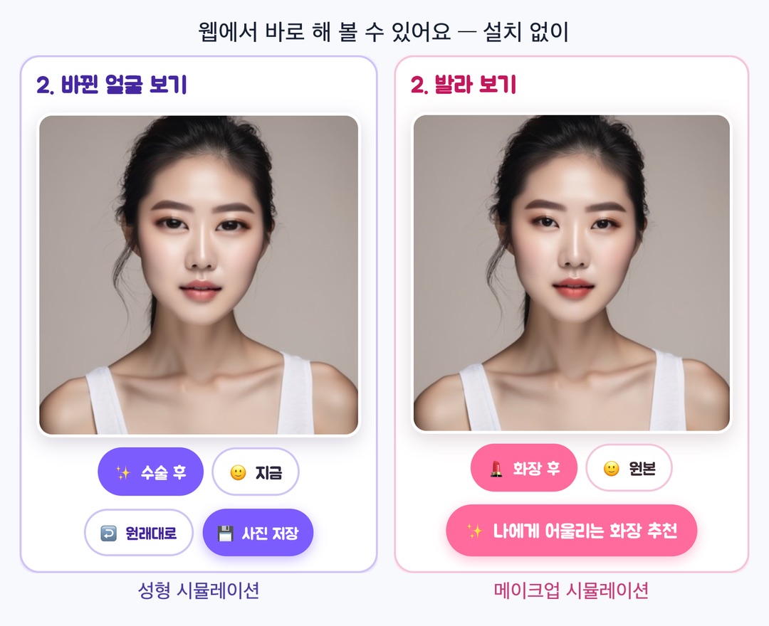 얼굴 MBTI 심리테스트 - 닮은꼴·성형·화장 실행 화면 — 성형 시뮬레이션과 메이크업 시뮬레이션 결과