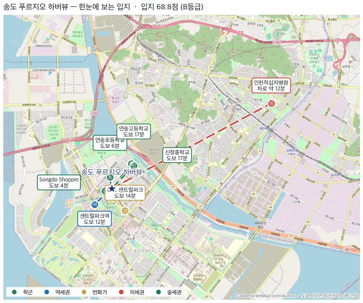 송도동 송도 푸르지오 하버뷰 입지 지도 — 학교·지하철·상권·병원·공원까지 도보 시간
